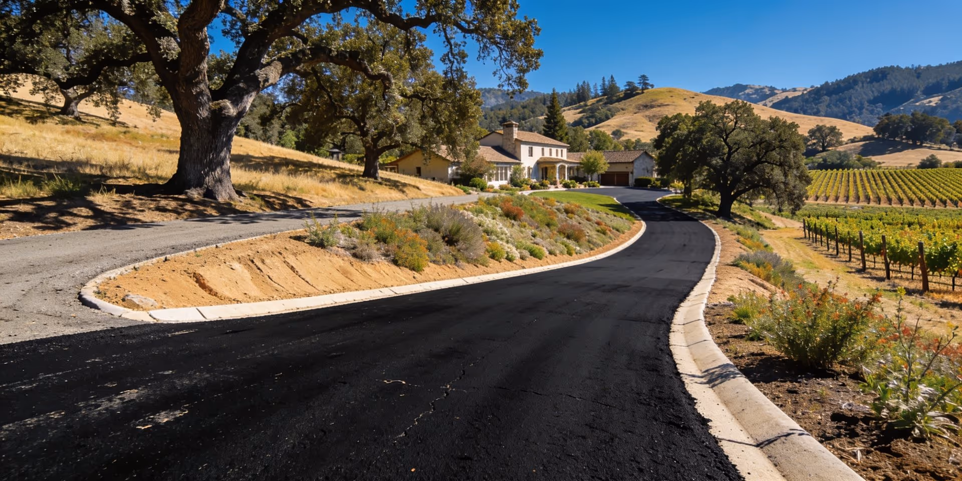 Wide newly paved asphalt driveway at a Sonoma County estate