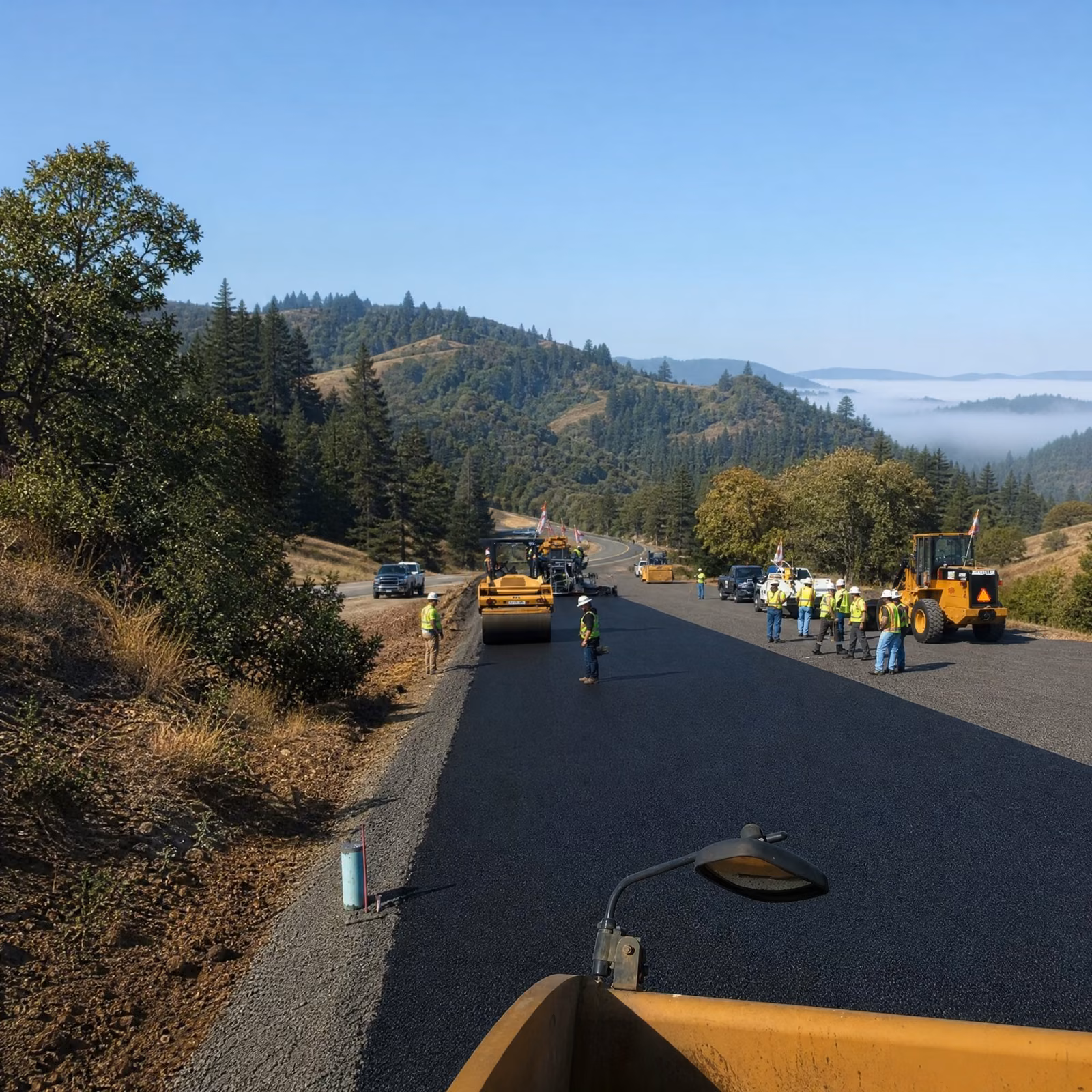 North Bay Grading and Paving crew paving a scenic Marin County hillside road