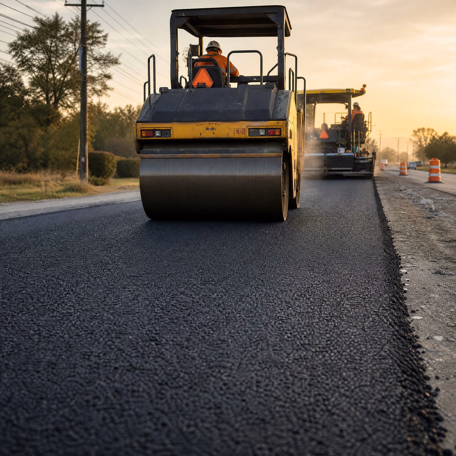 Paver and roller finishing an asphalt job at dusk