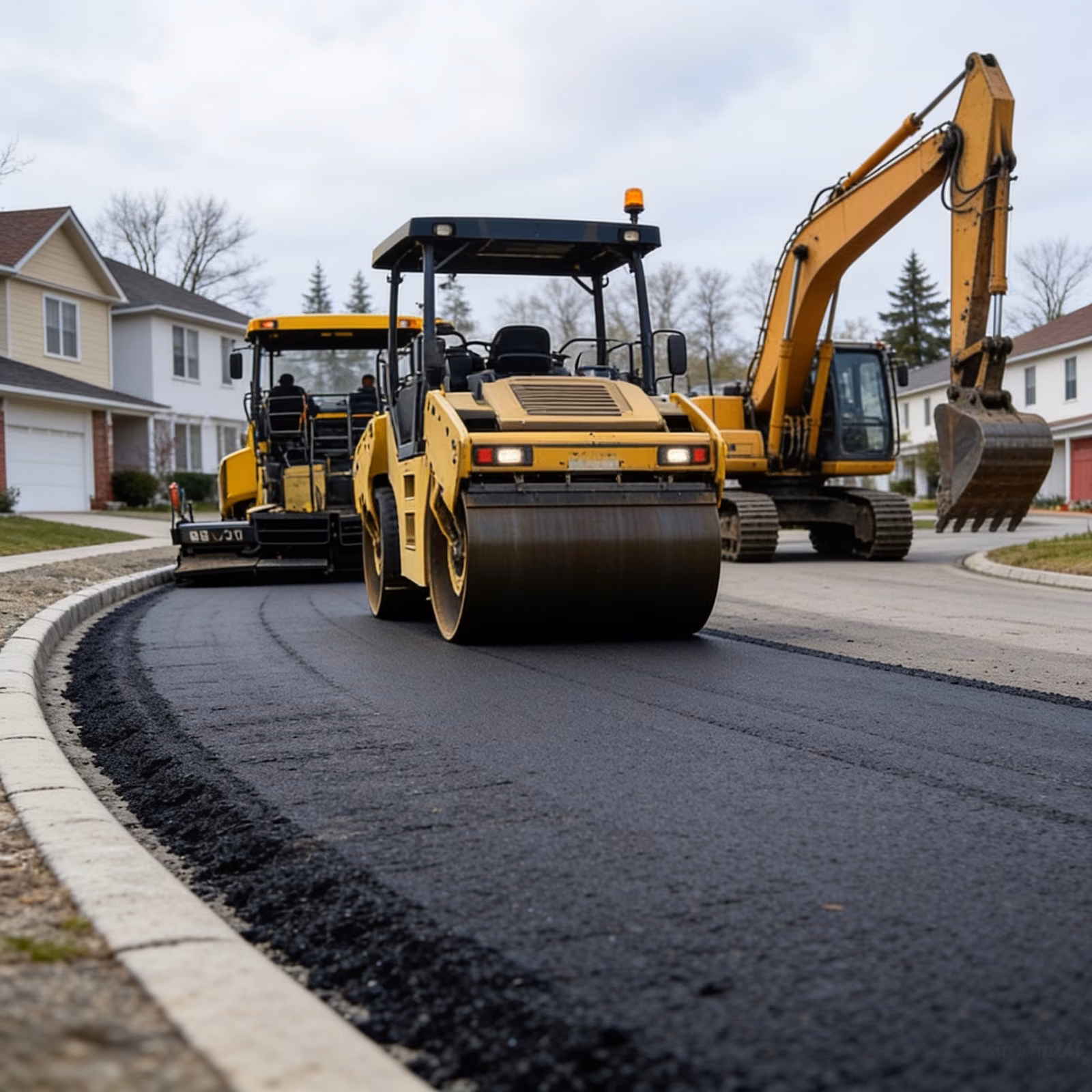 Roller compacting fresh asphalt on a curved driveway