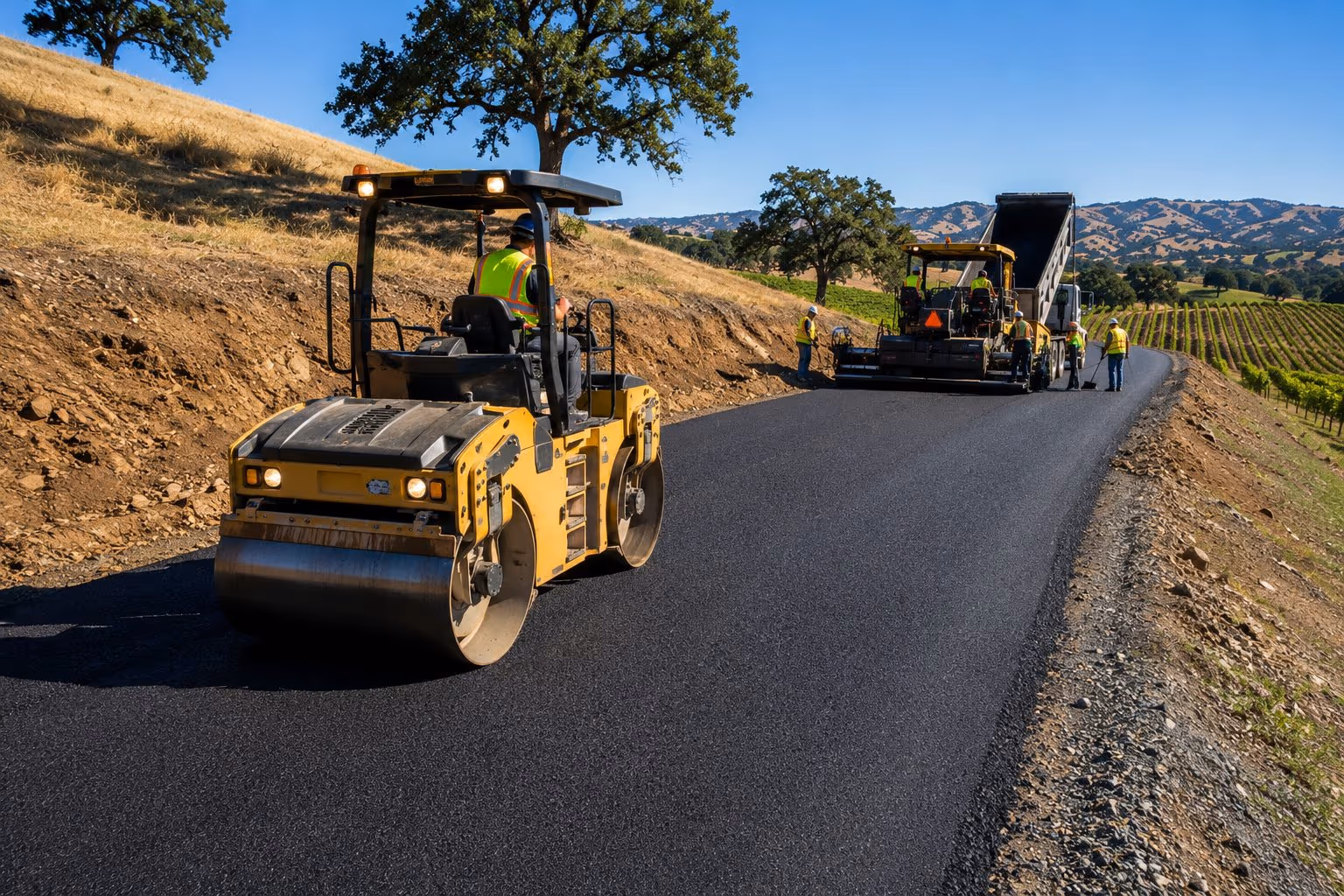 Crew running a tandem roller over fresh asphalt