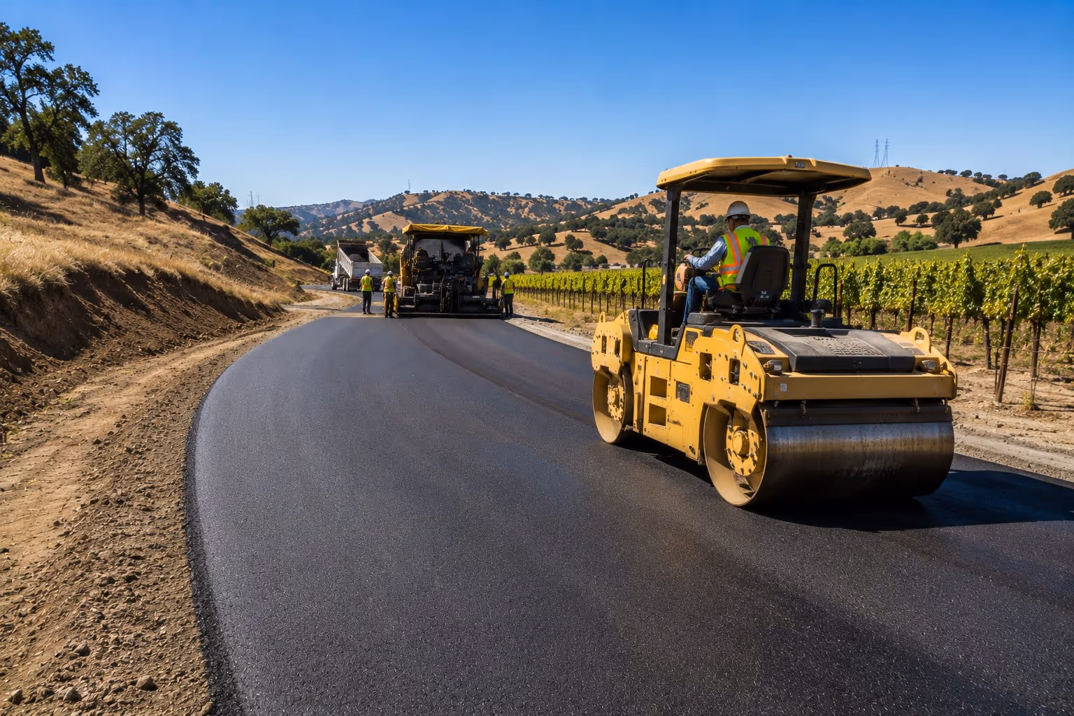 Roller compacting a new road through a vineyard